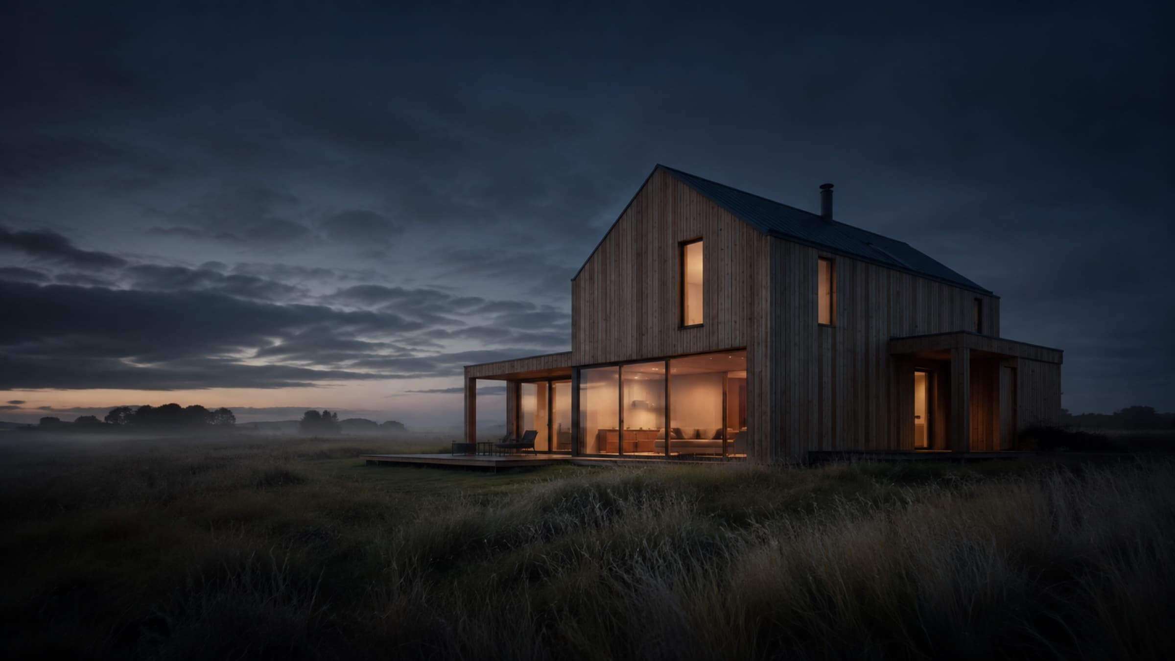 Modernes Massivholzhaus mit Lärchenfassade zur blauen Stunde in norddeutscher Landschaft
